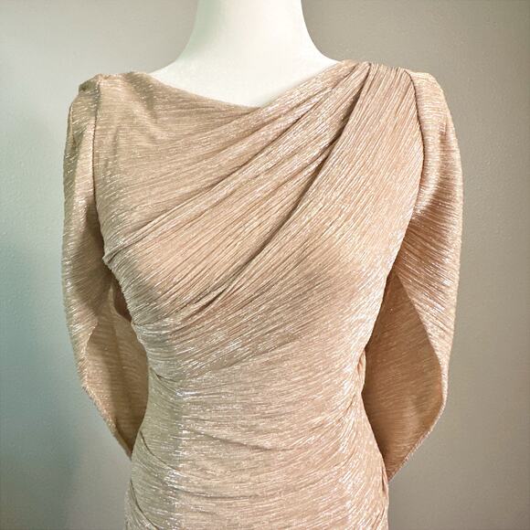 Betsy & Adam Cape Sleeve Gold + Silver Metallic Floor Length Gown women’s 4p - Picture 3 of 11